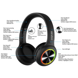 Siindoo RGB Light Wireless Bluetooth Headphones Kids Foldable Stereo Earphones Super Bass Noise Reduction Headset JH-926C For TV